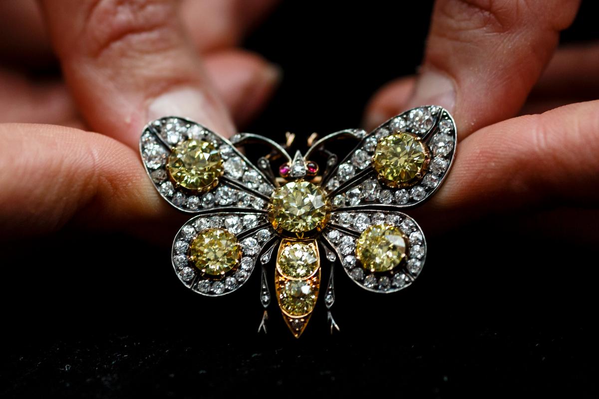 Butterfly brooch, circa 1880, gifted from Andrew, 11th Duke of Devonshire to Deborah, Duchess of Devonshire. Metal, ruby, diamond, gold;  1 3/4 inches. (Miles Willis/Getty Images)