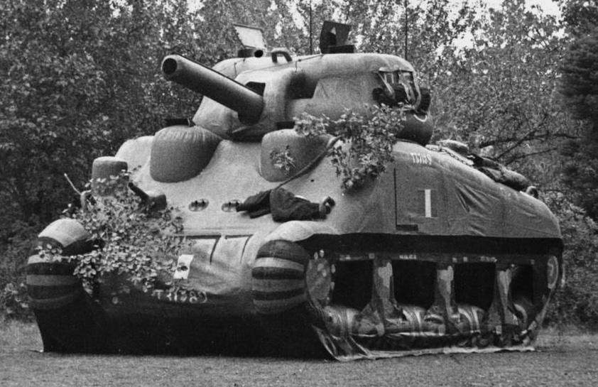 An inflatable M4 Sherman tank of the First U.S. Army Group, used to deceive the Nazi forces. (Public Domain)