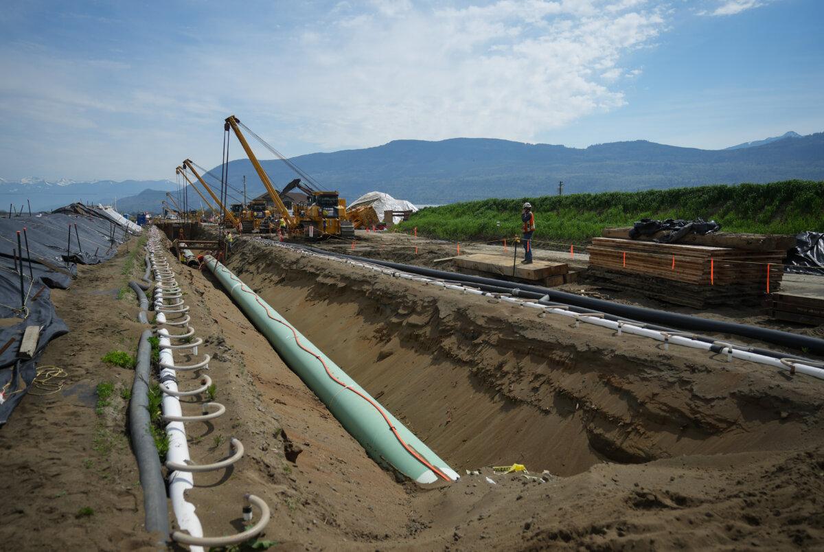 Workers position pipe during construction of the Trans Mountain pipeline expansion in Abbotsford, B.C., on May 3, 2023. The Canadian Press/Darryl Dyck