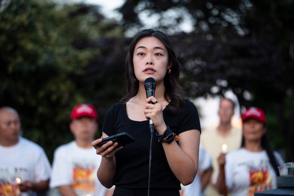 Joey Siu, Amnesty International Hong Kong overseas spokesperson, speaks during the Tiananmen Square massacre candlelight vigil held at the Victims of Communism Memorial in Washington on June 4, 2026. (Madalina Kilroy/The Epoch Times)