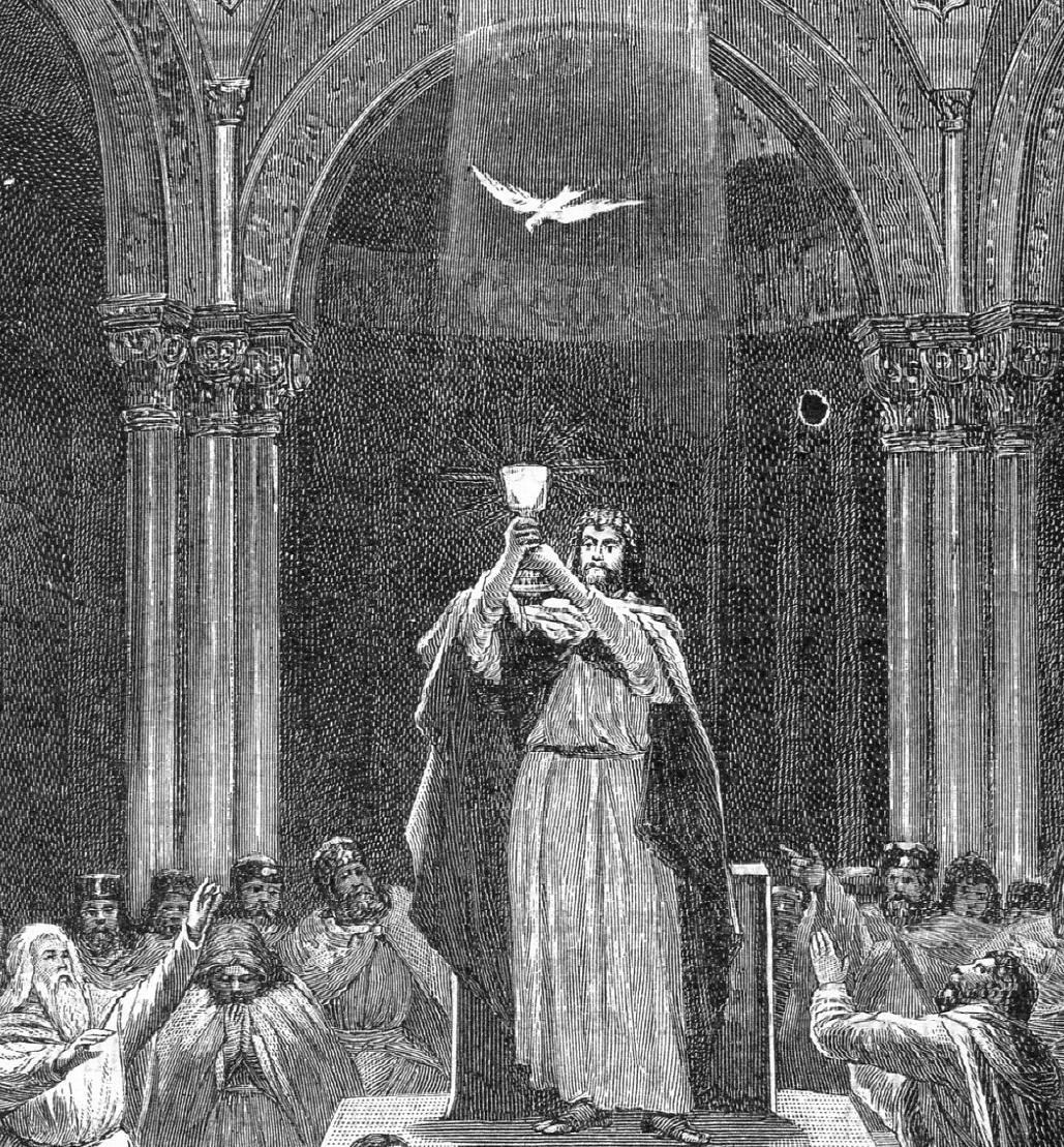 Perceval, a knight of the Round Table, holds up the Holy Grail in an 1894 illustration. (Public Domain)