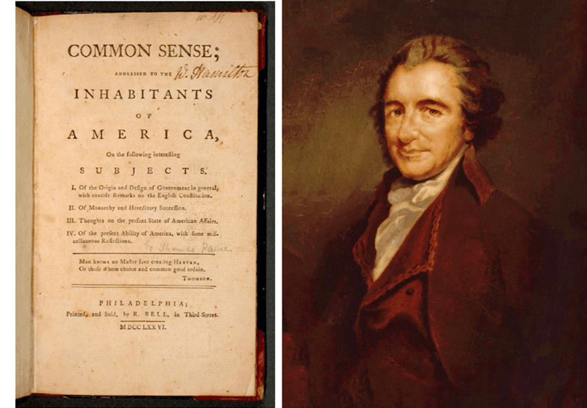 (Left) Cover of the pamphlet “Common Sense,” by Thomas Paine. (Right) Portrait of Thomas Paine, circa 1792, by Laurent Dabos. (Public Domain)
