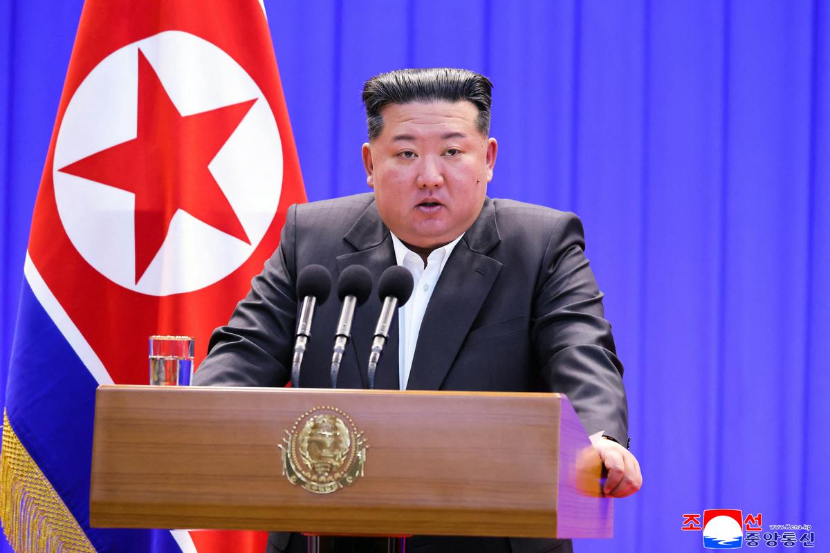North Korean leader Kim Jong Un delivers a speech at the inauguration of the Samgwang Stockbreeding Farm in North Pyongan Province, North Korea, on Feb. 2, 2026. (KCNA via KNS/AFP via Getty Images)