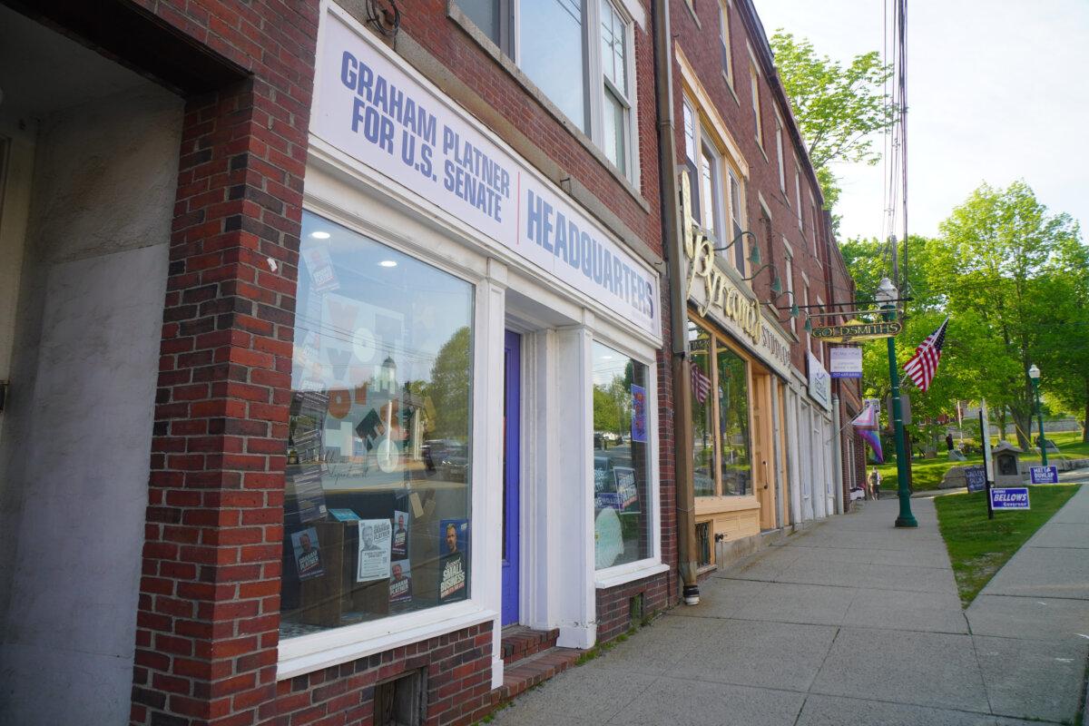 Democratic Senate hopeful Graham Platner's campaign headquarters in Ellsworth, Maine, on June 5, 2026. Located in Maine's Downeast region, Ellsworth is near the boutique oysterman's hometown of Sullivan and the resort town of Bar Harbor. (Nathan Worcester/The Epoch Times)
