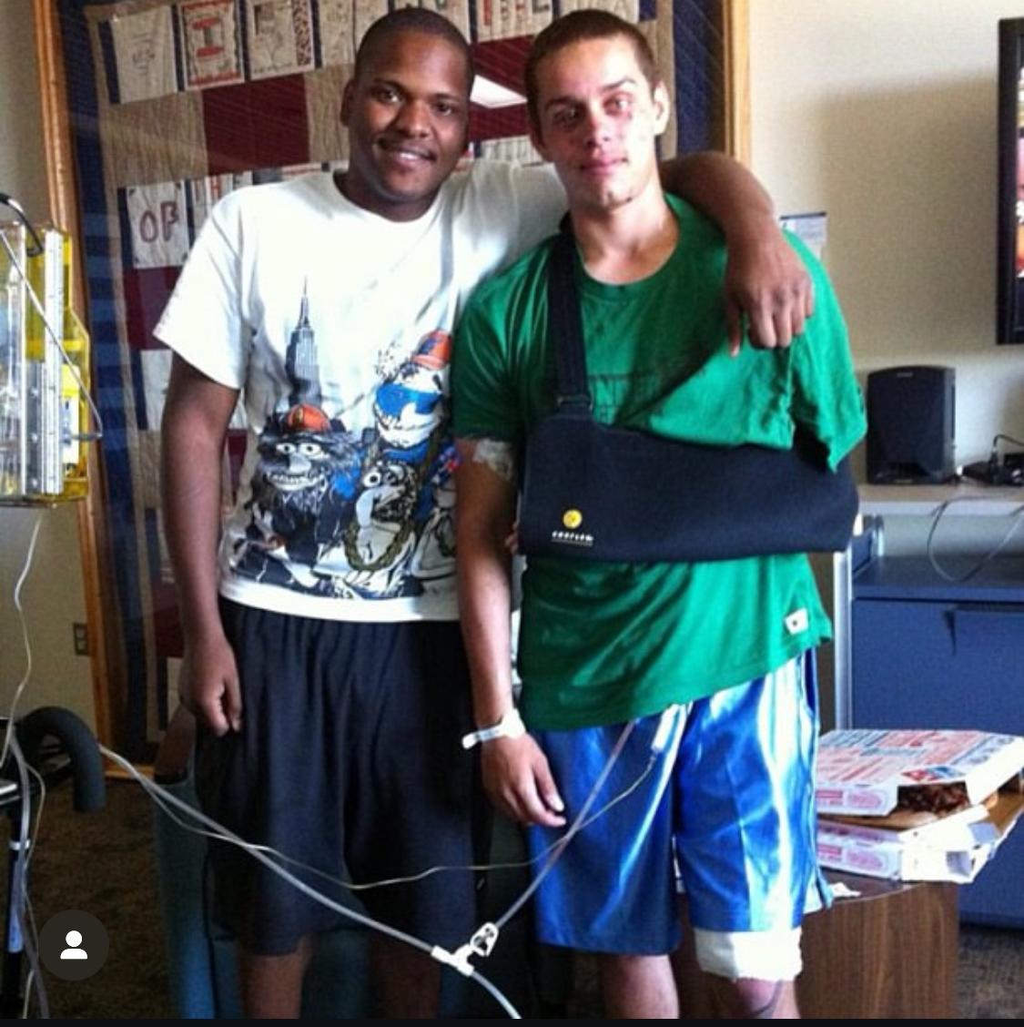 Padge Mattaliano (R) with a friend during recovery from an explosive device that left him permanently disabled in Afghanistan in 2012. (Courtesy of Padge Mattaliano)