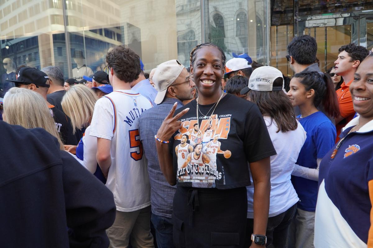 December Bails waits to be admitted to the security perimeter around Madison Square Garden for Game 3 of the NBA Finals in New York on June 8, 2026. (Nicholas Zifcak/The Epoch Times)