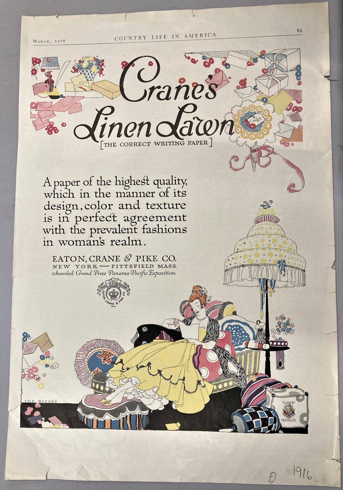 An ad for Crane stationery in a magazine, 1916. (Crane Museum of Papermaking and Center for the Paper Arts)