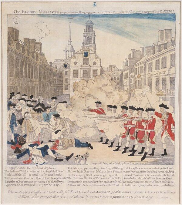 "The Boston Massacre," 1770, engraving by Paul Revere. Irish-born Patrick Carr became one of the first victims killed by British troops in the conflict. (Public Domain)