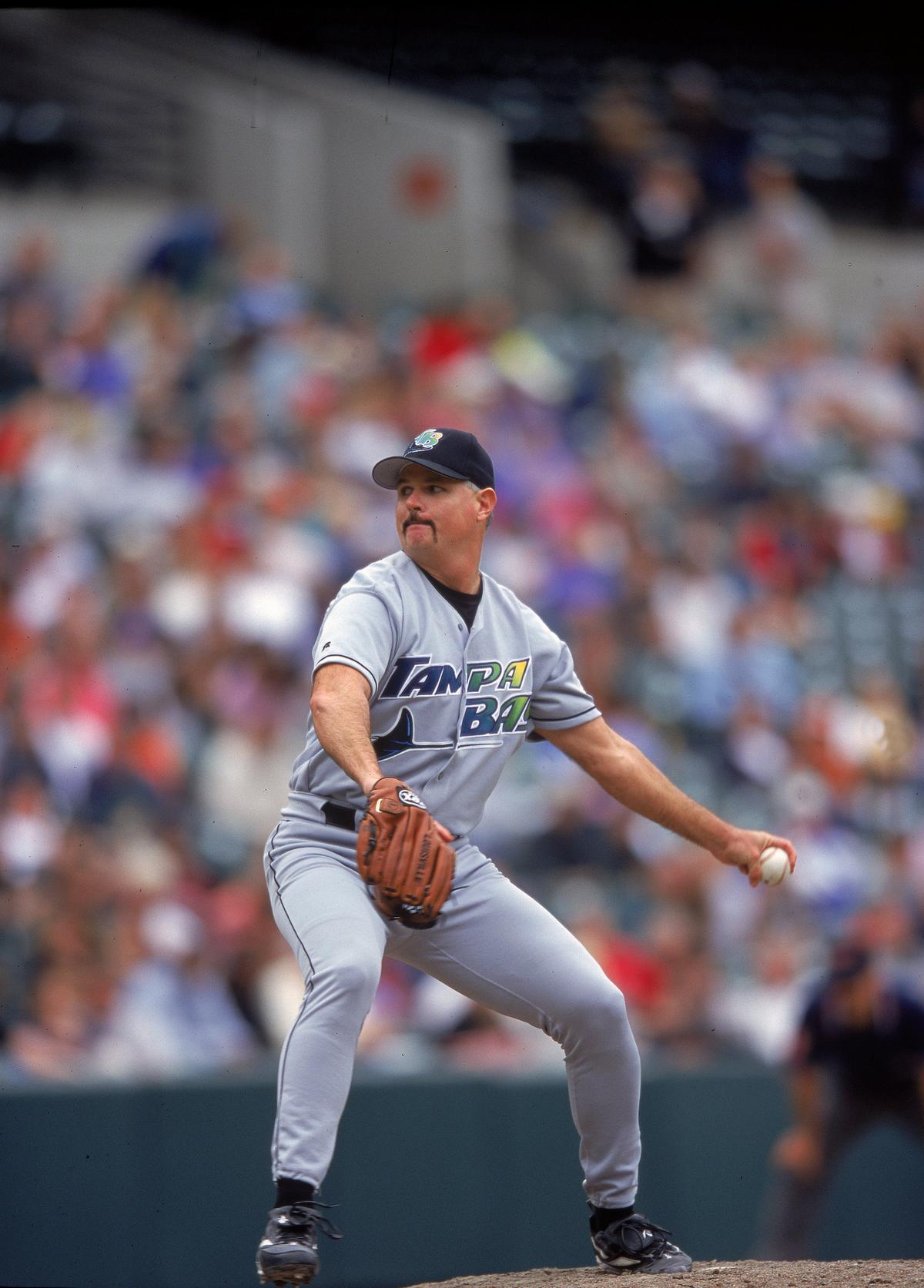 Jim Morris #63 of Tampa Bay Devil Rays pitching during the game against the Baltimore Orioles at Oriole Park Camden Yards, Baltimore, Md. The Orioles defeated the Devil Rays 8-4 on April 20, 2000. (Doug Pensinger/Getty Images)