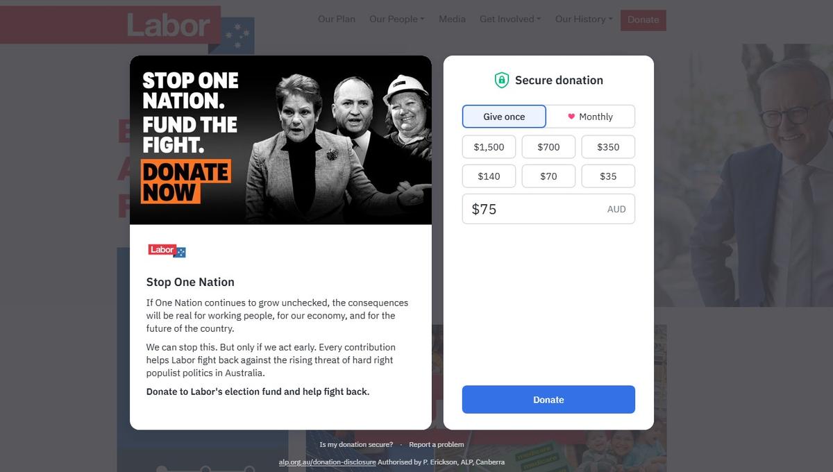 Screenshot of the Australian Labor Party website. (Screenshot of https://www.alp.org.au/?form=stop-one-nation)