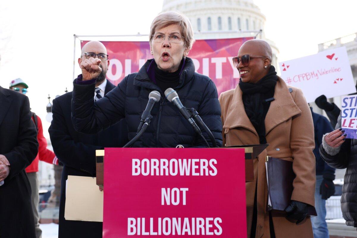 Sen. Elizabeth Warren (D-Mass.) speaks during the Borrowers Not Billionaires Rally to Defend the CFPB at Capitol Hill in Washington on Feb. 9, 2026. (Jemal Countess/Getty Images for Protect Borrowers)