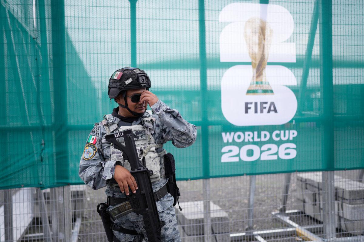A National Guard officer stands guard outside a stadium that will host FIFA World Cup matches in Guadalajara, Mexico, on June 9, 2026. (Matias Delacroix/AP)