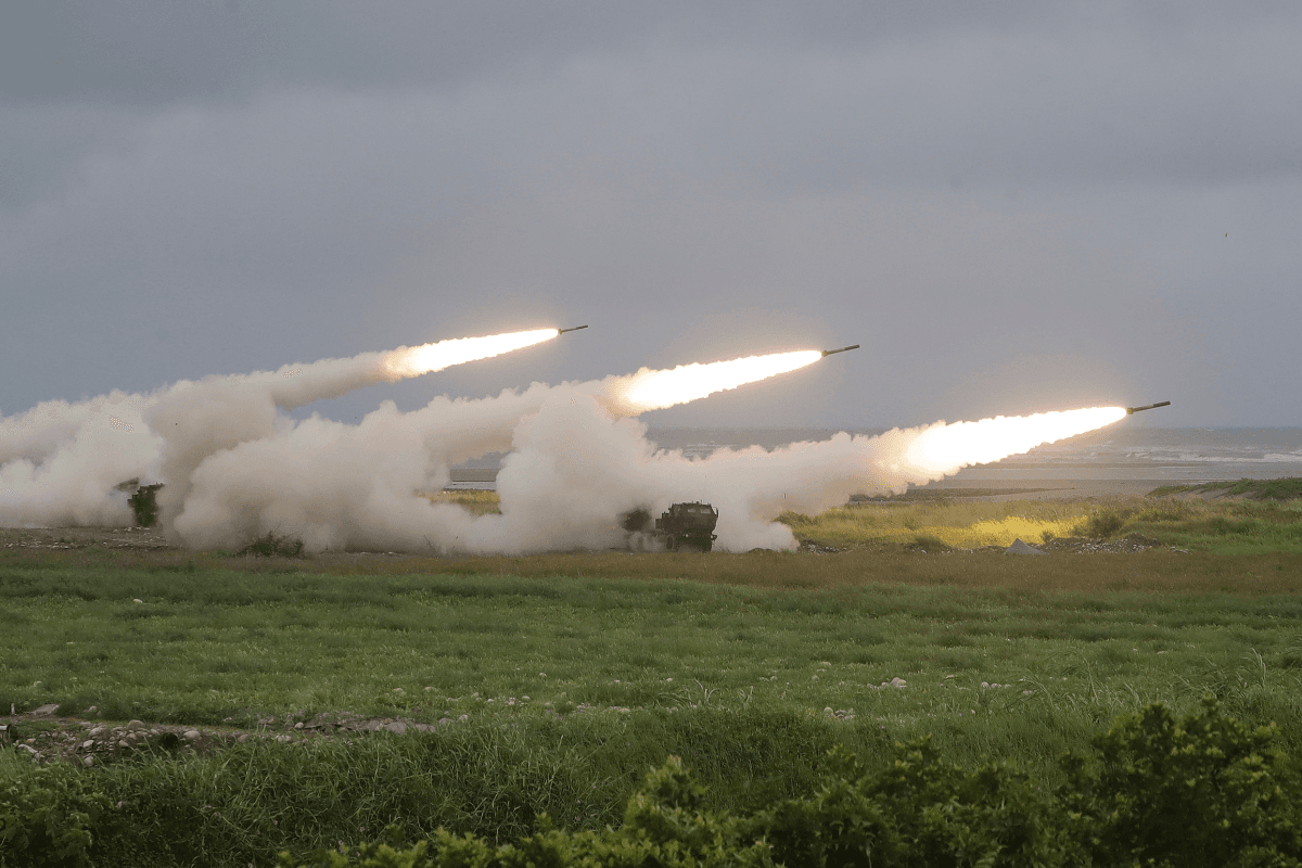Rockets are launched from High Mobility Artillery Rocket System (HIMARS) during military live-fire training in Taichung City, Taiwan, on June 10, 2026. (Chiang Ying-ying/AP Photo)