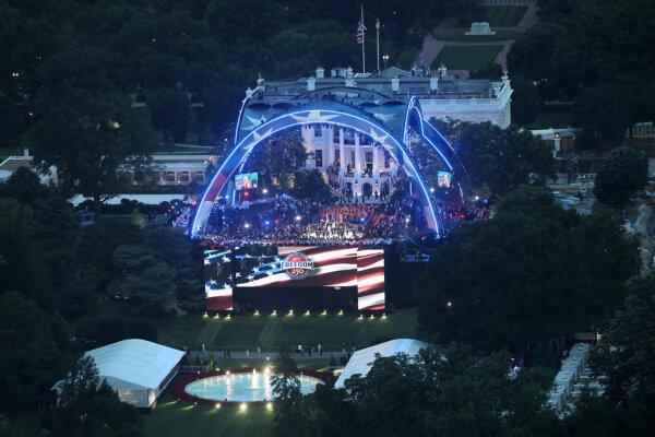 The UFC Freedom 250 fight on the South Lawn of the White House is seen from the top of the Washington Monument in Washington, on June 14, 2026. (Win McNamee/Getty Images)