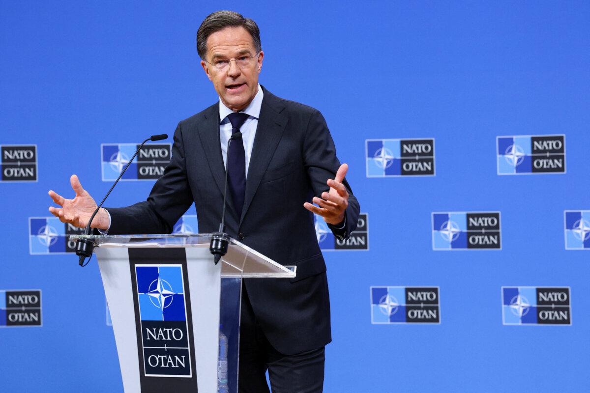 NATO Secretary-General Mark Rutte holds a news conference ahead of a defense ministers' meeting at the alliance's headquarters in Brussels on June 17, 2026. (Yves Herman/Reuters)