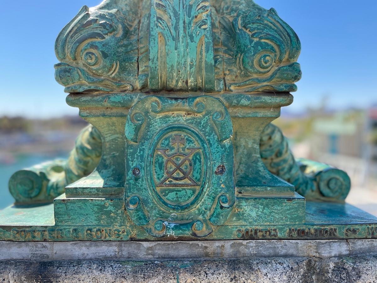 An original ornamental piece of the London Bridge, which now stands in Lake Havasu City, Ariz., on June 5, 2026. (Allan Stein/The Epoch Times)