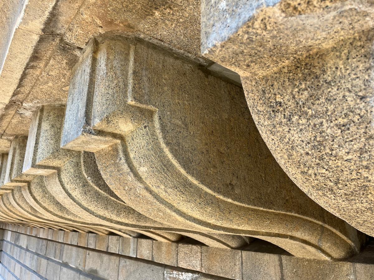 An underside view of original stonework at the London Bridge in Lake Havasu City, Ariz., on June 5, 2026. (Allan Stein/The Epoch Times)