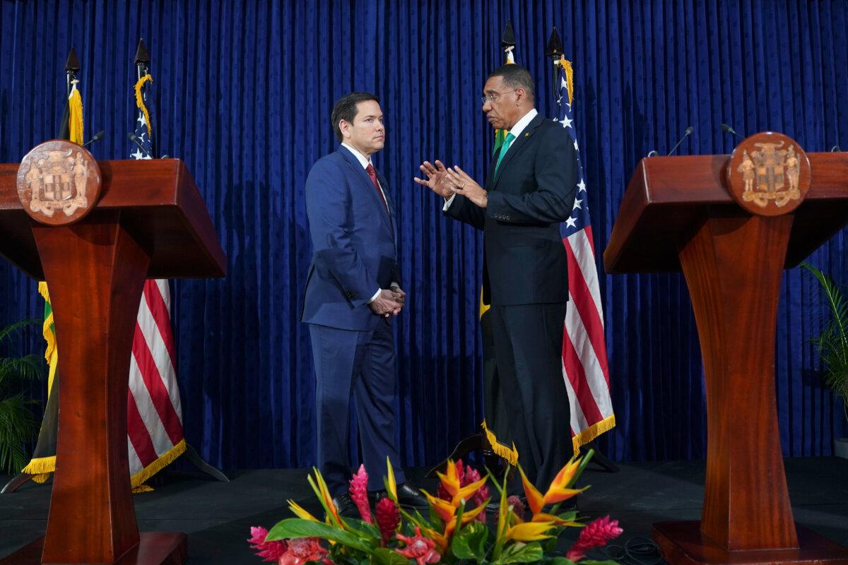 Secretary of State Marco Rubio and Jamaican Prime Minister Andrew Holness speak after giving a joint news conference at the Office of the Prime Minister in Kingston, Jamaica, on March 26, 2025. (Nathan Howard/Pool Photo via AP, File)