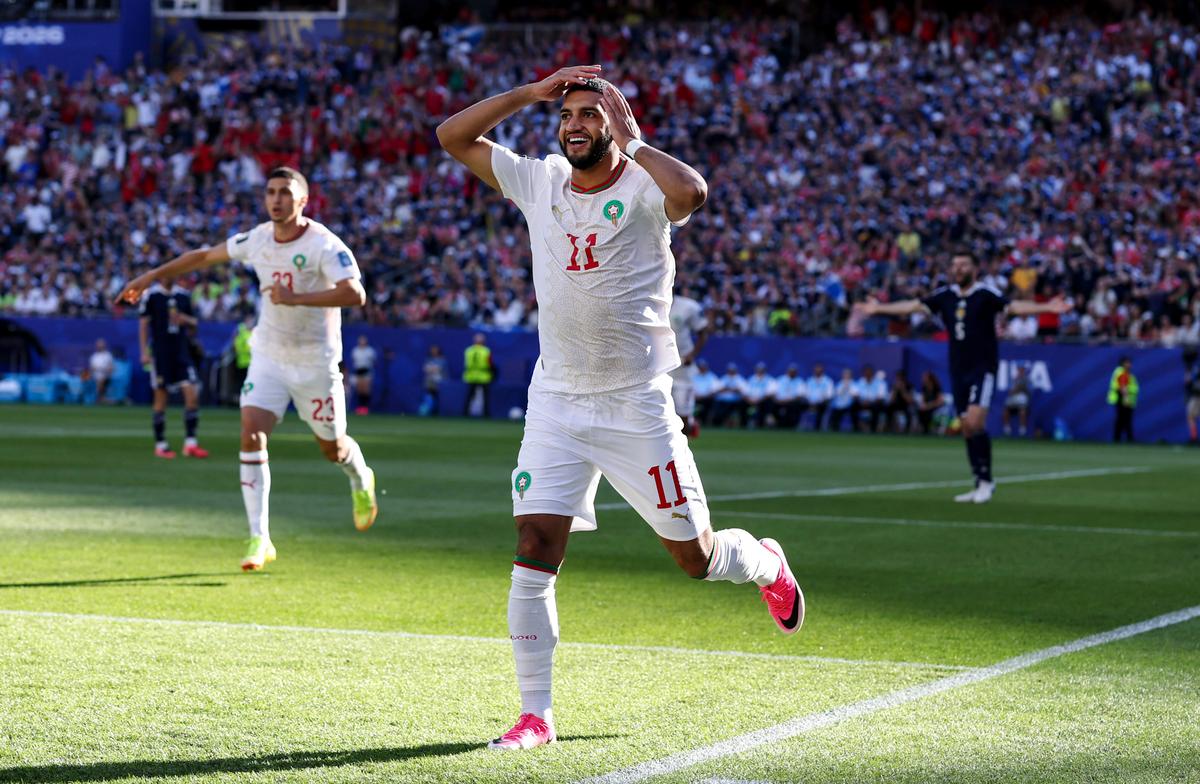 Ismael Saibari #11 of Morocco celebrates after scoring his team's first goal during the FIFA World Cup 2026 Group C match between Scotland and Morocco at Boston Stadium in Foxborough, Mass., on June 19, 2026. (Justin Setterfield/Getty Images)