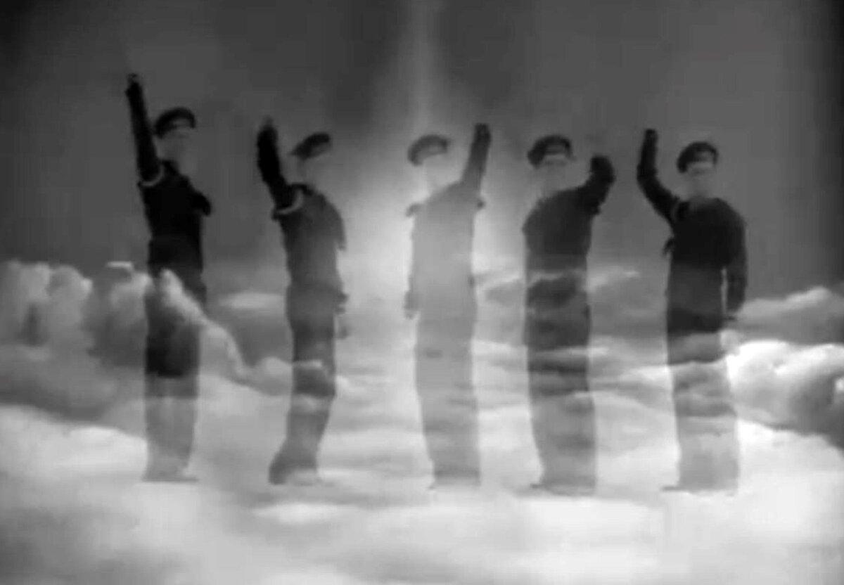 Brothers Forever: (L–R) George (James Cardwell), Frank (John Campbell), Joe (George Offerman Jr.), Matt (John Alvin), and Al Sullivan (Edward Ryan), in “The Fighting Sullivans.” (GJW+)