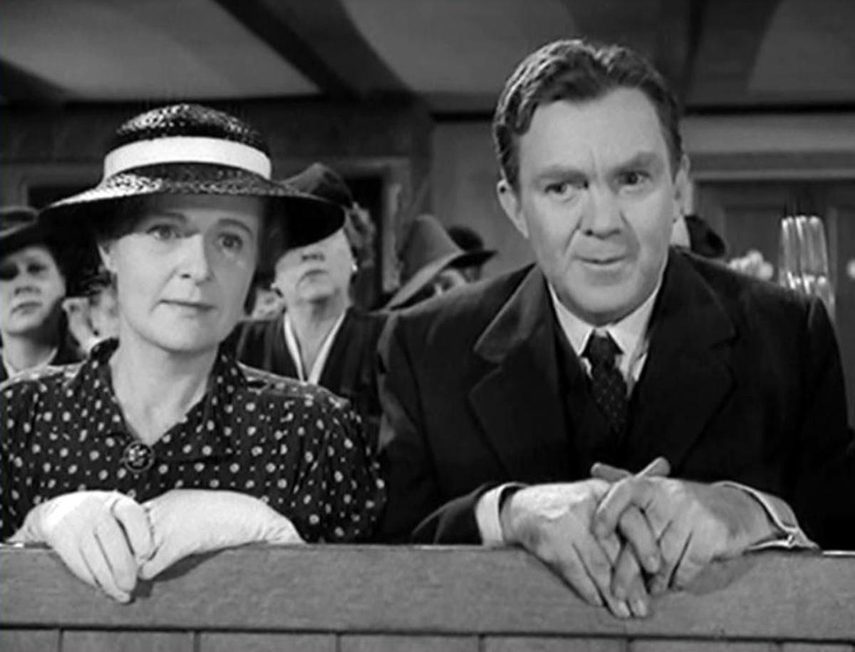 Alleta (Selena Royle) and Thomas Sullivan (Thomas Mitchell)<del>,</del> attend church, in “The Fighting Sullivans.” (GJW+)