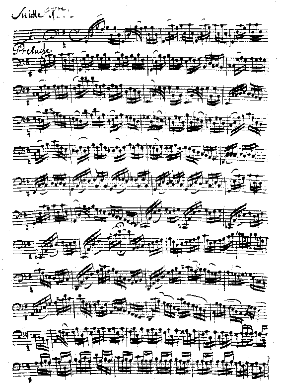 The first page of Bach's Cello Suite No. 1 in G Major, written by Anna Magdalena Bach. (Public Domain)