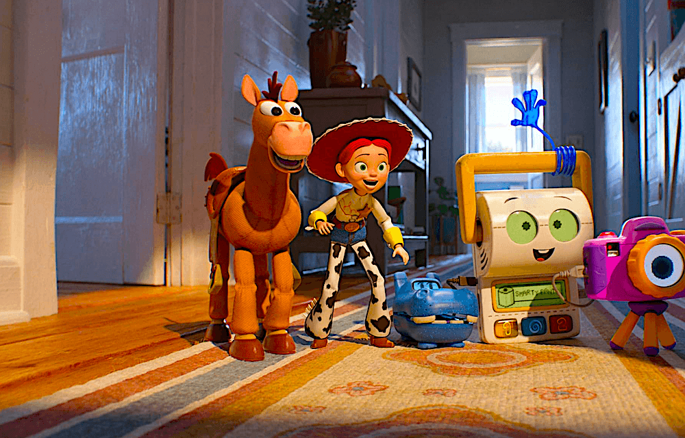 (L–R) Bullseye, Jessie (voiced by Joan Cusack), Atlas (voiced by Craig Robertson), Smarty Pants (voiced by Conan O'Brien), and Snappy (voiced by Shelby Rabara), in "Toy Story 5." (Walt Disney Studios Motion Pictures)