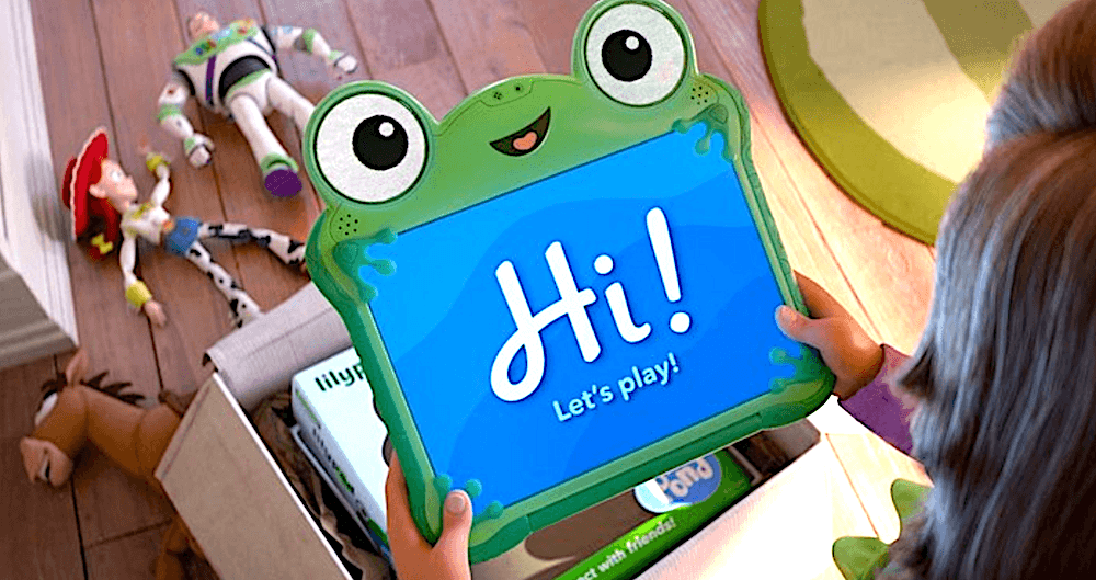 Bonnie (voiced by Scarlett Spears) looking at her new tablet named Lilypad (voiced by Greta Lee), in "Toy Story 5." (Walt Disney Studios Motion Pictures)