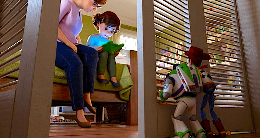 (L–R) Mrs. Anderson (voiced by Lori Alan) and Bonnie (voiced by Scarlett Spears) are being spied on by Buzz Lightyear (voiced by Tim Allen) and Woody (voiced by Tom Hanks), in "Toy Story 5." (Walt Disney Studios Motion Pictures)