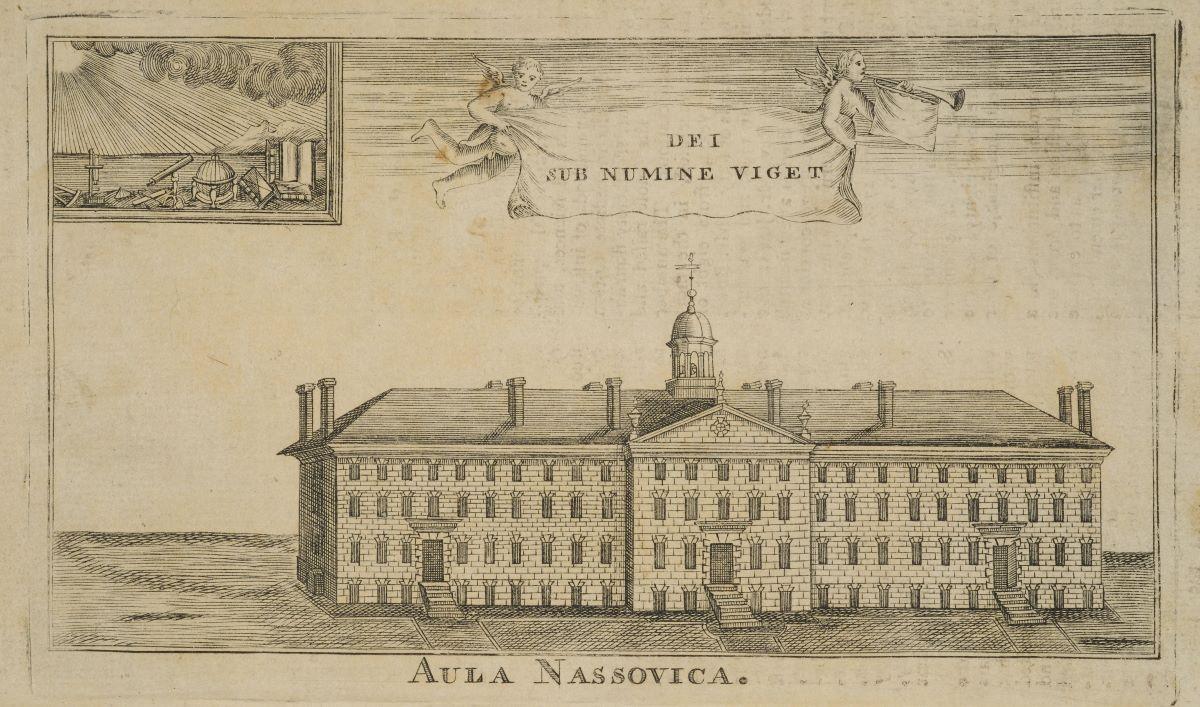From 1760, the first picture of Nassau Hall, the oldest building of Princeton University. (Public Domain)