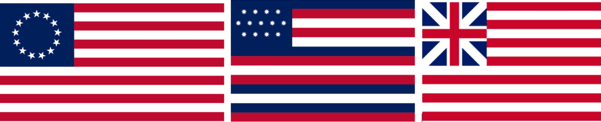 Three flags in American History: (L–R) The Betsy Ross flag, the Serapis flag, and the Continental Union Flag, also known as the first American flag. (Public Domain)