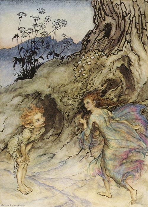 Even minute variations in proportion carry moral weight; Rackham relies on sharp, angular lines to define Puck’s face and ears, immediately conveying a devious, tricksy spirit next to the softer curves of his fairy companion.<br/>(Public Domain)
