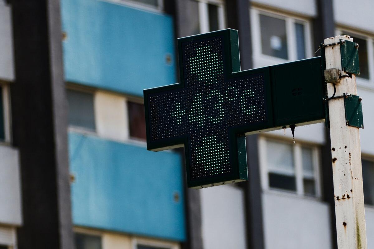 A drugstore sign shows the temperature at 43 degrees Celsius (109.4 degrees Fahrenheit) in Rennes, western France, on June 22, 2026. (Jeremias Gonzalez/AP Photo)