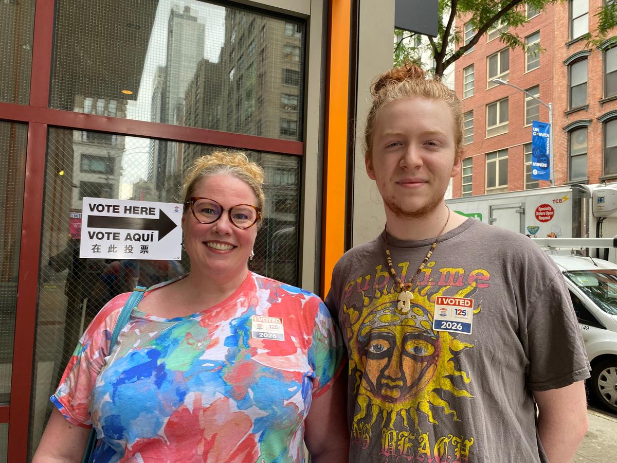 Shaughna Bishop and her son Cole Bishop said the debate over regulating artificial intelligence affected their decision. They voted in the Manhattan borough of New York City on June 23, 2026. (Nick Zifcak/The Epoch Times)