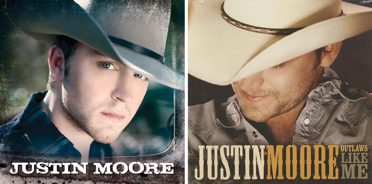(Left) Cover of Justin Moor's 2009 self-titled album, featuring "Small Town USA." (Right) The cover of the 2011 album "Outlaws Like Me," featuring "If Heaven Wasn't So Far Away." (The Valory Music Co.)