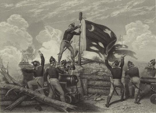 An image of Sgt. Jasper raising the battle flag of the colonial forces over present-day Fort Moultrie on June 28, 1776 during the Battle of Sullivan's Island. New York Public Library. (Public Domain)