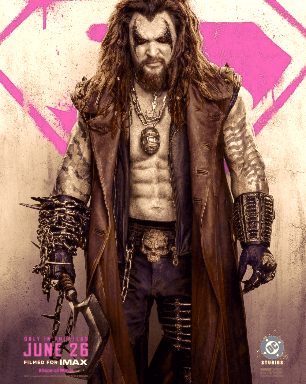 Promotional poster featuring Jason Momoa's Lobo, in "Supergirl." (Warner Bros. Pictures)