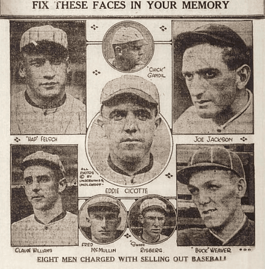 The phrase, "Say it ain't so, Joe" originates from a 1919 scandal where eight Chicago White Sox players were accused of intentionally losing a World Series game. (Public Domain)