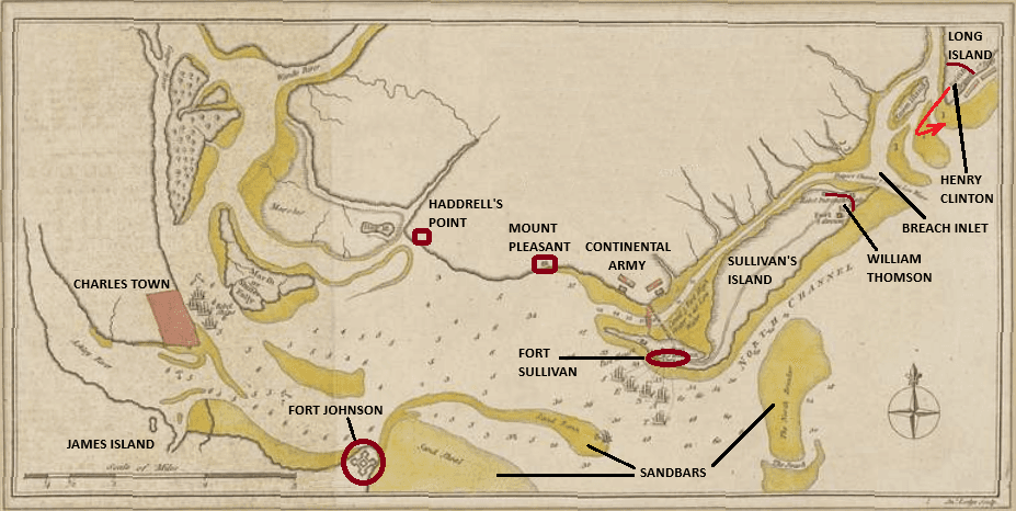 Strategic outposts, forts, and locations of the British and Continental armies along the Charles Town Harbor. Markings by Alan Wakim on a 1776 map of Charles Town, S.C. (Public Domain)
