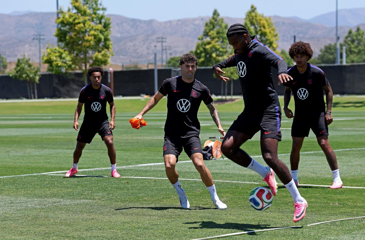Haji Wright, Christian Pulisic, Tyler Adams and Chris Richards of the United States participate during a training session at Great Park Sports Complex in Irvine, Calif., on June 26, 2026. (Jamie Squire/Getty Images)
