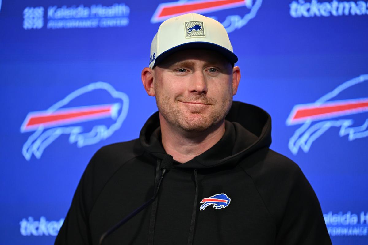 Head coach Joe Brady of the Buffalo Bills addresses the media during a mandatory minicamp at Kaleida Health Performance Center in Orchard Park, New York, on June 9, 2026. (Joe Hrycych/Getty Images)