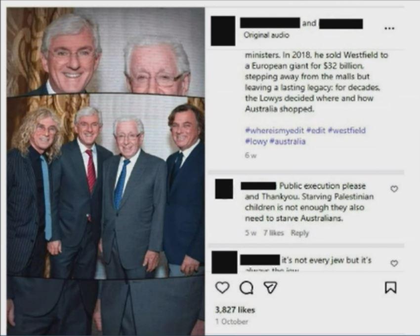 A screenshot of a social media post with the prominent Australian Lowy business family, who founded the Westfield Shopping Centre chain, presented during the Royal Commission into Anti-Semitism. (Screenshot/The Epoch Times)