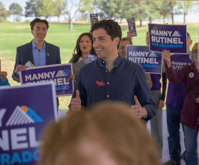 State Assembly Member Manny Rutinel speaks with supporters in Thornton on June 27 during the last weekend before his June 30 Colorado Congressional District 8 Democratic primary against former state lawmaker Shannon Bird. (Manny Rutinel for Congress)