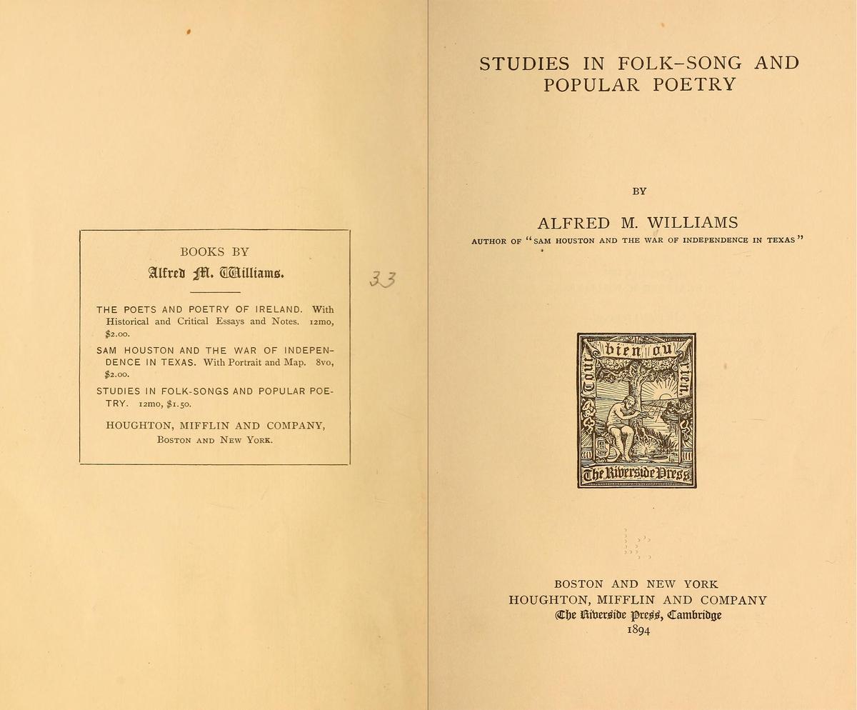 Frontispiece of "Studies in Folk-Song and Popular Poetry," 1894, by Alfred Mason Williams. Internet Archive. (Public Domain)