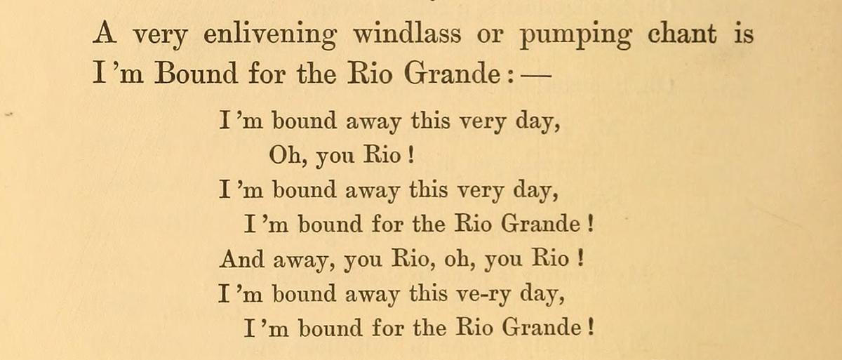 A detail of page 8 from "Studies in Folk-Song and Popular Poetry," 1894, by Alfred Mason Williams featuring a fragment of the tune "Rio Grande." Internet Archive. (Public Domain))