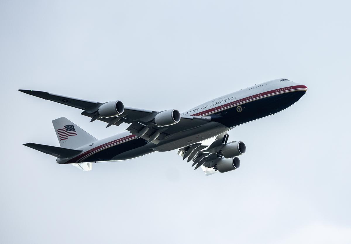 Air Force One soars over Mount Rushmore National Memorial in South Dakota on July 3, 2026. (John Fredricks/The Epoch Times)