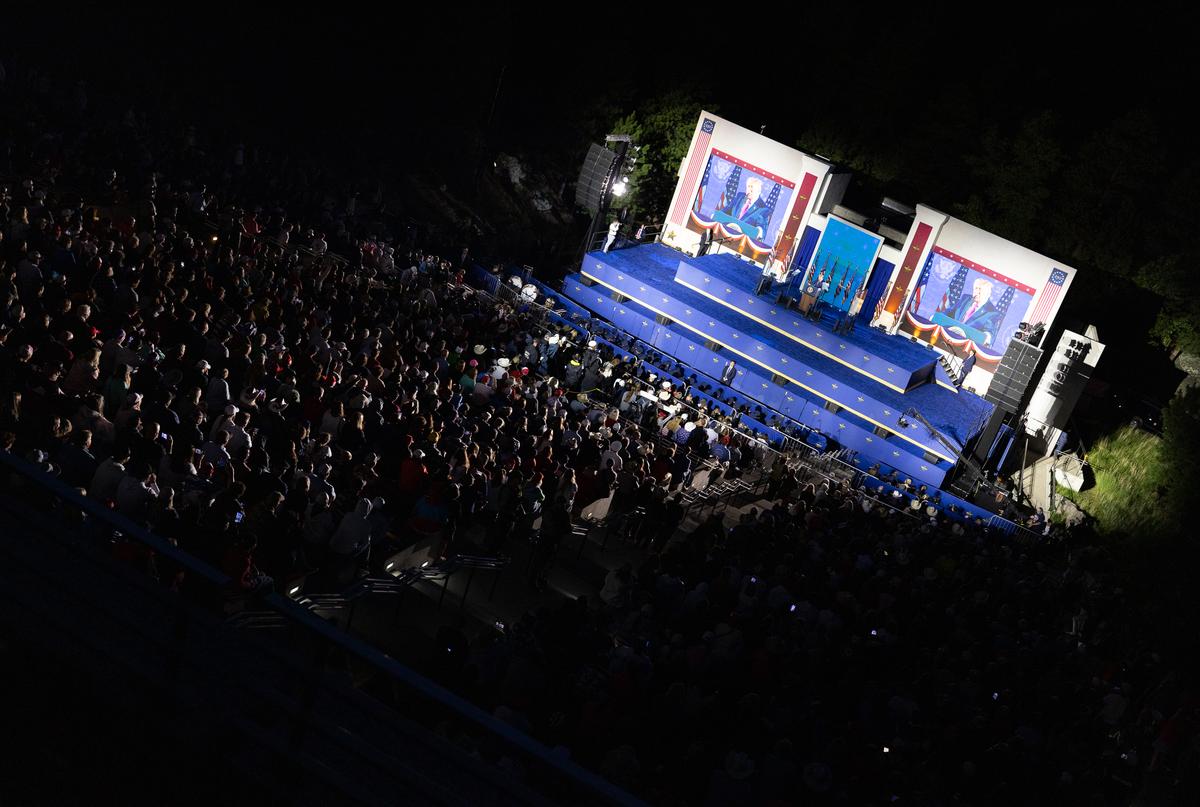 U.S. President Donald Trump speaks at Mount Rushmore National Memorial in South Dakota on July 3, 2026. (John Fredricks/The Epoch Times)