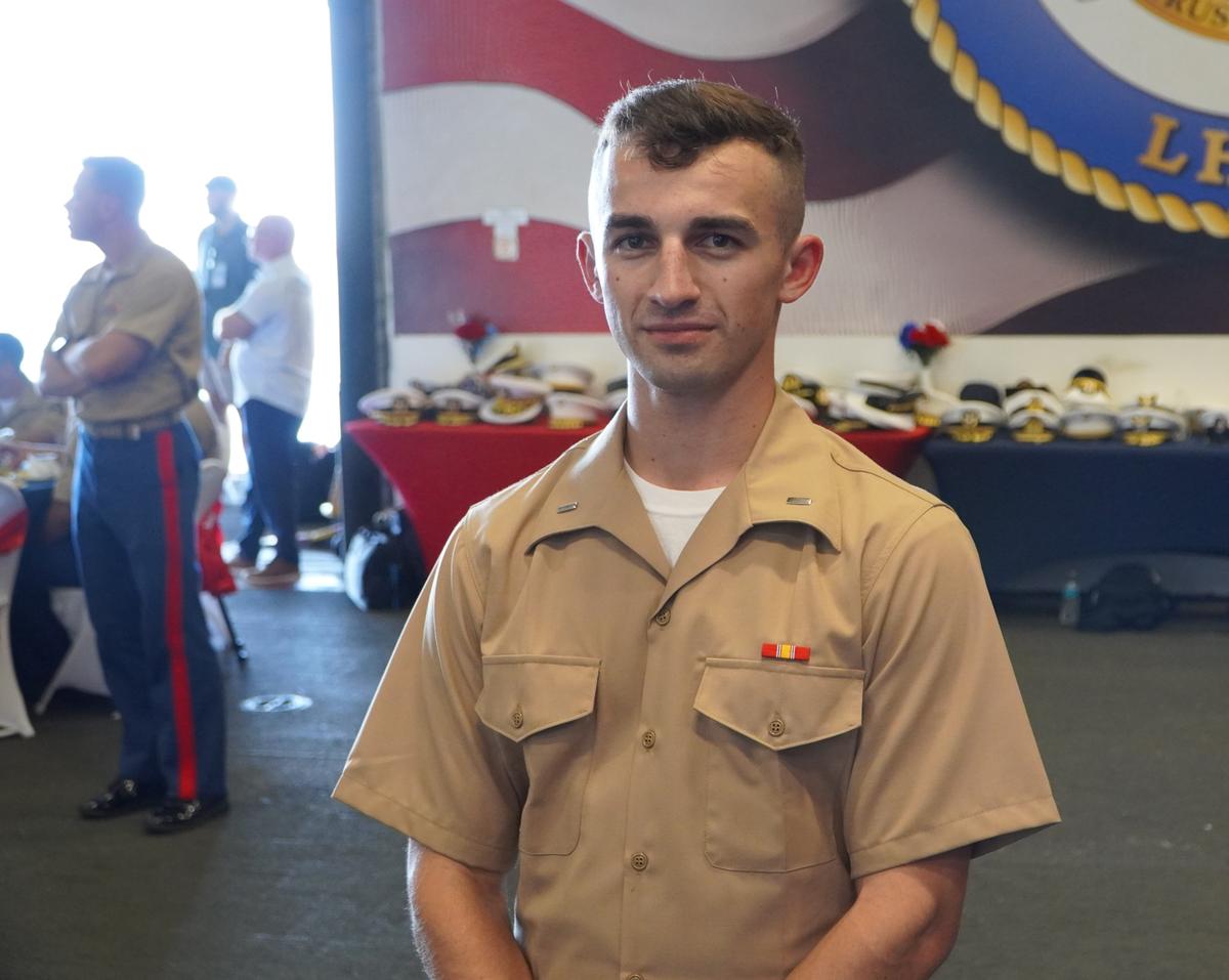 First Lieutenant Cody Swigart aboard the USS Kearsarge in New York Harbor on July 4, 2026. (Nicholas Zifcak/The Epoch Times)