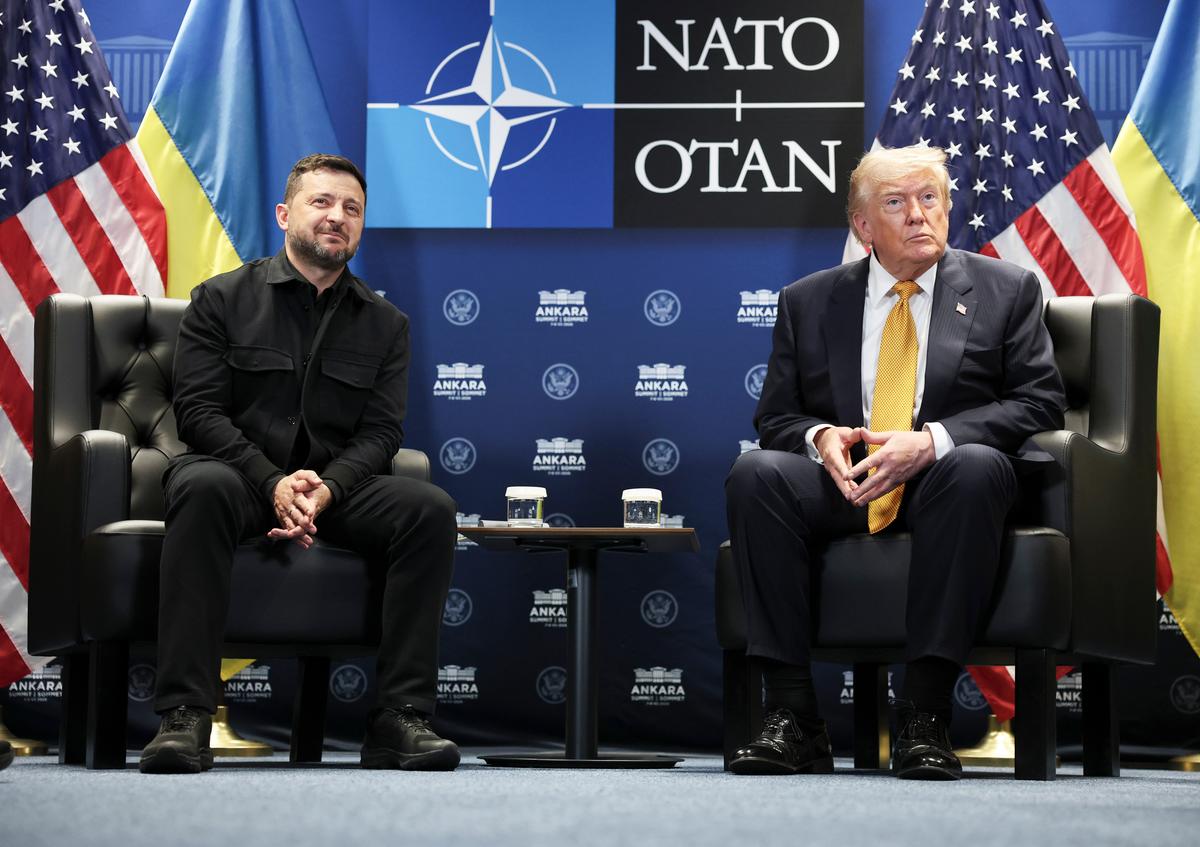 U.S. President Donald Trump (R) meets with Ukrainian President Volodymyr Zelenskyy at Beştepe Presidential Compound during the NATO Summit in Ankara, Turkey, on July 8, 2026. (Win McNamee/Getty Images)