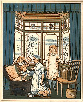 "Packing," frontispiece for the children's book "Abroad." Project Gutenberg. (Public Domain)